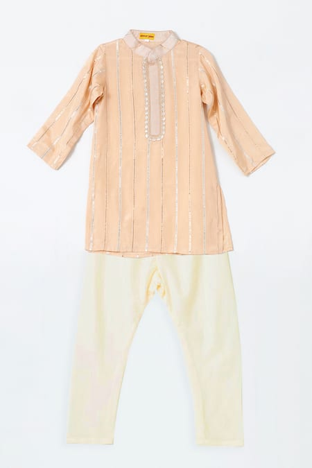 Shruti Jalan Peach Crepe, Cotton Gota Patti, Sequins Striped Work Kurta Set 