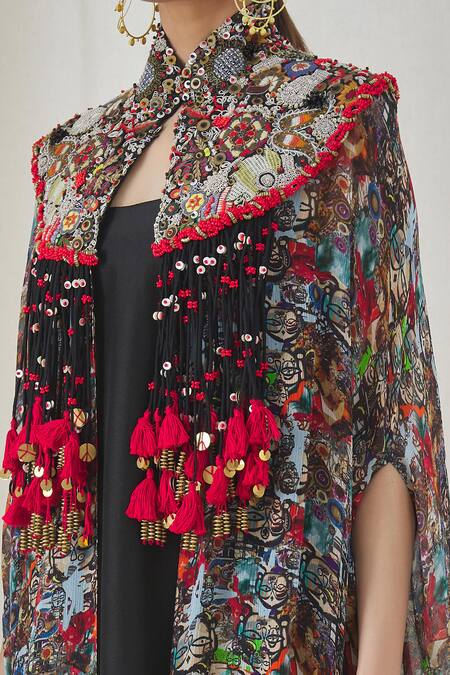 Buy_Anamika Khanna_Black Solid Dress With Printed Cape_Online_at_Aza_Fashions