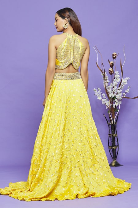 Shop_Neha Mehta Couture_Blue Pure Bandhani Mirror, Sequin, Thread And Neck Blouse & Overlay Sharara Set _at_Aza_Fashions