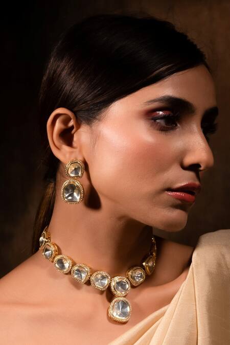 Ishhaara_Gold Plated Diamonds, Stones Polki Embellished Necklace Set _at_Aza_Fashions