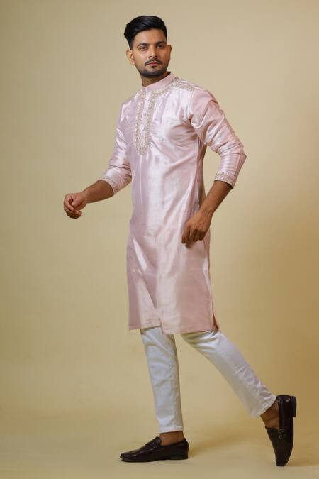 Hilo Design_Coral Cotton, Silk, Lycra Cut Work Mandarin Collar Kurta Set _Online_at_Aza_Fashions