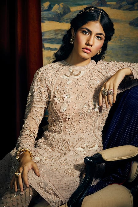 Shop Sahil Kochhar Pink Soft Net Embroidery Floral Round Dakshin Kurta And Leggings Set at Aza Fashions Shop_Sahil Kochhar_Pink Soft Net Embroidery Floral Round Dakshin Kurta And Leggings Set _at_Aza_Fashions