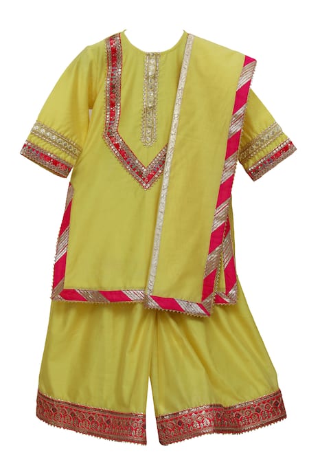 Buy Minime Organics Yellow Chanderi Beads Embellished Neckline Kurta Sharara Set at Aza Fashions Buy_Minime Organics_Yellow Chanderi Beads Embellished Neckline Kurta Sharara Set _at_Aza_Fashions