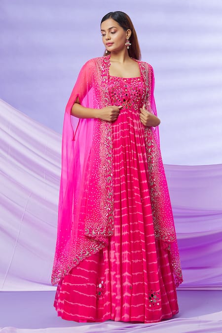 Yoshita Couture Pink Anarkali - Georgette With Shantoon Lining Embroidered Inaya Tie Dye Cape