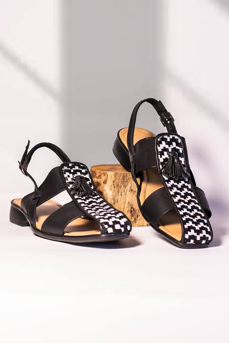 Shop The Frou Frou Studio Black Chevron Pattern Palatine Checkered Sandals at Aza Fashions Shop_The Frou Frou Studio_Black Chevron Pattern Palatine Checkered Sandals_at_Aza_Fashions