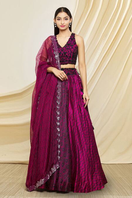 Prisha Magenta Silk Embroidered Floral V Neck Pattern Lehenga Set Online at Aza Fashions Prisha_Magenta Silk Embroidered Floral V Neck Pattern Lehenga Set _Online_at_Aza_Fashions