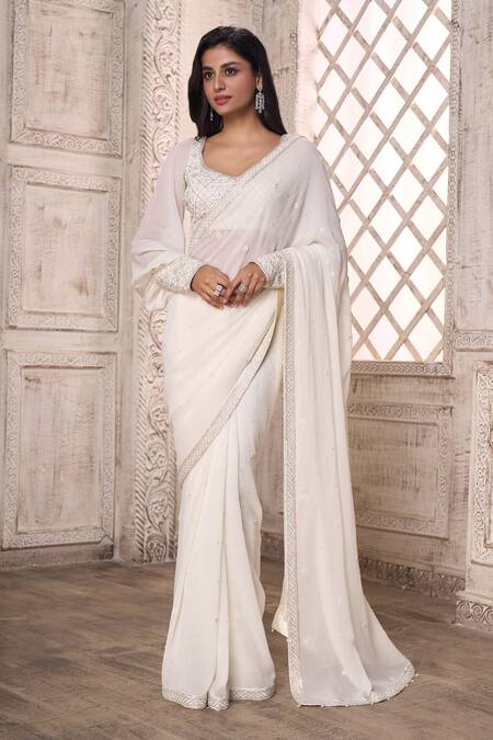 Aariyana Couture Off White Viscose, Georgette, Modal Border Saree With Bishop Sleeve Blouse at Aza Fashions Aariyana Couture_Off White Viscose, Georgette, Modal Border Saree With Bishop Sleeve Blouse_at_Aza_Fashions