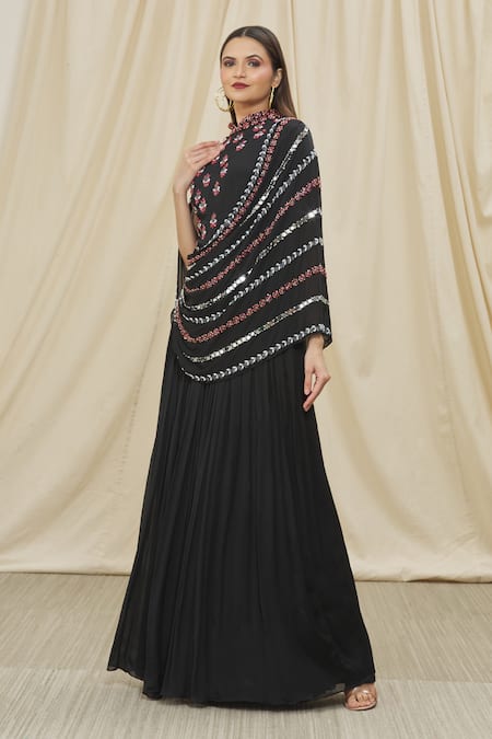 Buy_Two Sisters By Gyans_Black Chiffon Mirror, Bead And Cut Dana Work High Striped Embroidered Draped Gown _Online_at_Aza_Fashions