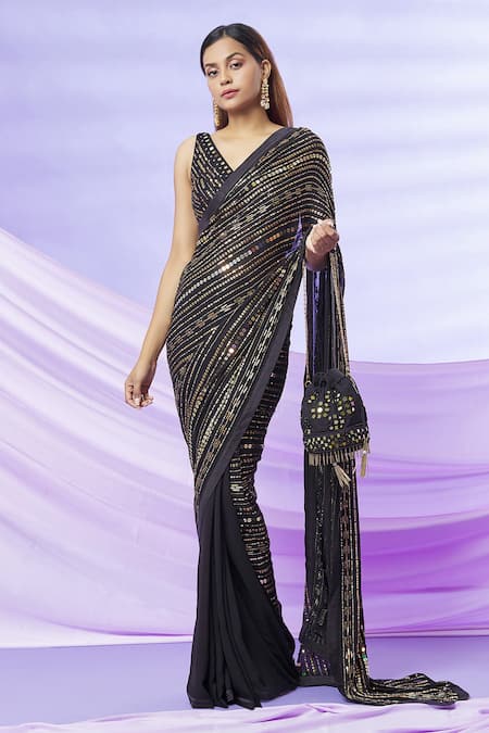 Yoshita Couture Black Saree - Georgette With Satin Border Embroidered Chain Kiara Blouse 