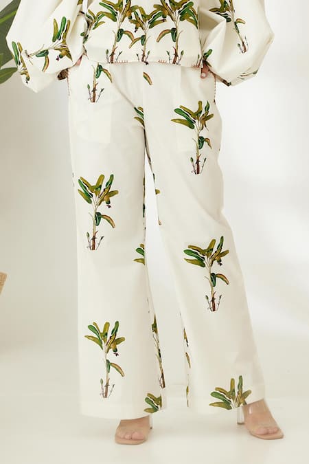 Nikasha_Off White Cotton Poplin Banana Tree Print, Sequin And Blanket Hand Painted Pant _at_Aza_Fashions