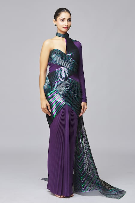 Amit Aggarwal_Purple Cotton Satin Metallic Thread Asymmetric Stripe High Neck Gown _Online_at_Aza_Fashions