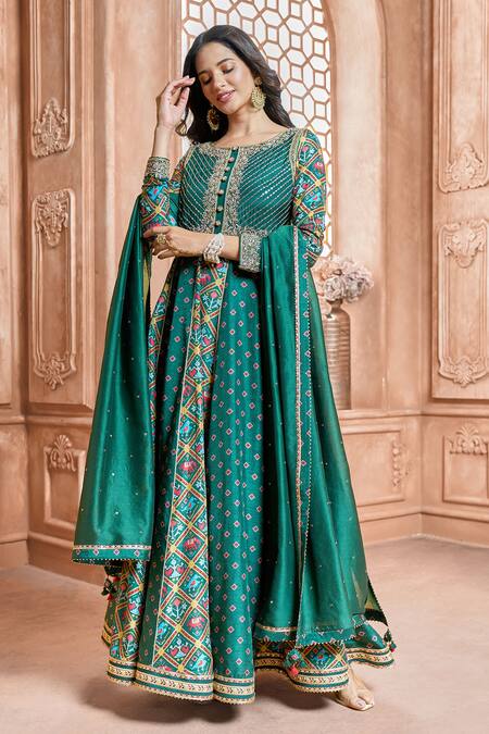 Aariyana Couture_Green Tussar, Modal, Chanderi Tassels, Embroidery Patola Print Anarkali Set_Online_at_Aza_Fashions