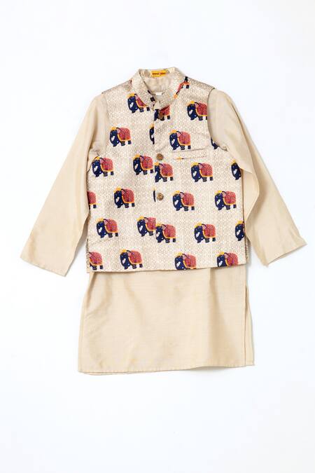 Shop Shruti Jalan Beige Cotton, Satin, Kota Doria Elephant Print Bundi And Kurta Set at Aza Fashions Shop_Shruti Jalan_Beige Cotton, Satin, Kota Doria Elephant Print Bundi And Kurta Set _at_Aza_Fashions
