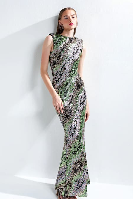 Therealb Multi Color Polyester Sequin Work Round Supernova Gown