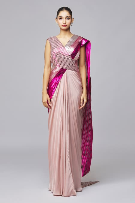 Amit Aggarwal_Fuchsia Chiffon Metallic Thread V-neck Stripe Draped Gown _at_Aza_Fashions