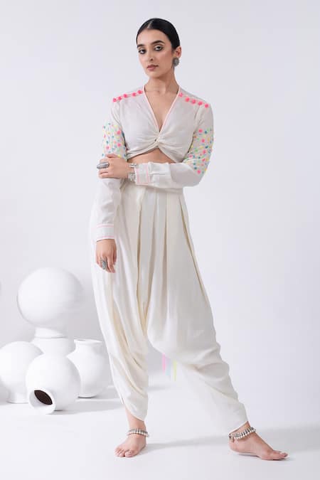 Kacha Tanka Contrast Thread Embroidered Crop Top & Drop Crotch Pant Set 