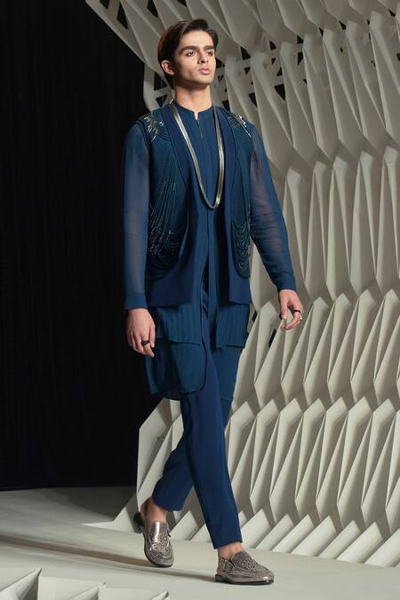 Shop Rohit Gandhi + Rahul Khanna Blue Crepe Straight Fit Solid Trouser at Aza Fashions Shop_Rohit Gandhi + Rahul Khanna_Blue Crepe Straight Fit Solid Trouser _at_Aza_Fashions
