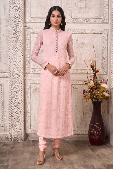 Aariyana Couture_Peach Viscose, Georgette Cut Work, Pearls, Floral Embroidered Straight Kurta Set_Online_at_Aza_Fashions