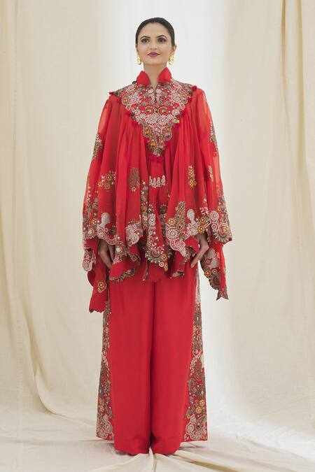 Anamika Khanna Red Tribal Embroidered Tunic And Palazzo Set Online at Aza Fashions Anamika Khanna_Red Tribal Embroidered Tunic And Palazzo Set_Online_at_Aza_Fashions