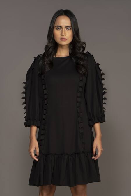 Buy_Deepika Arora_Black Ruffle Bottom Backless Dress_Online_at_Aza_Fashions