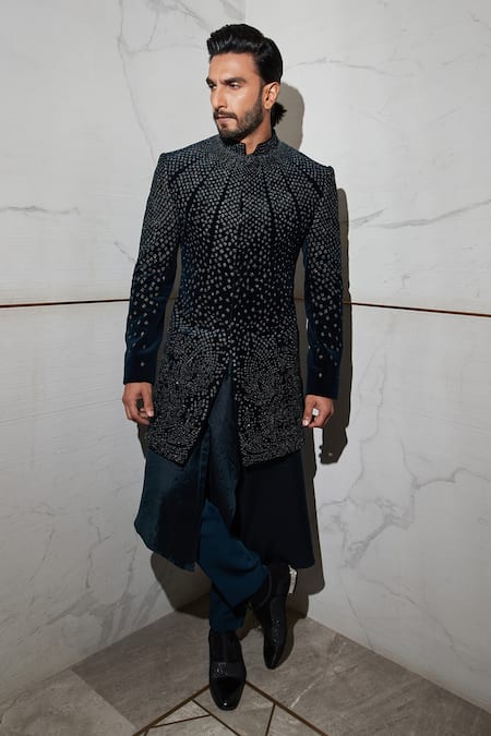 Buy_Rohit Gandhi + Rahul Khanna_Blue Velvet Beads, Metallic Thread Embroidered Sherwani _Online_at_Aza_Fashions
