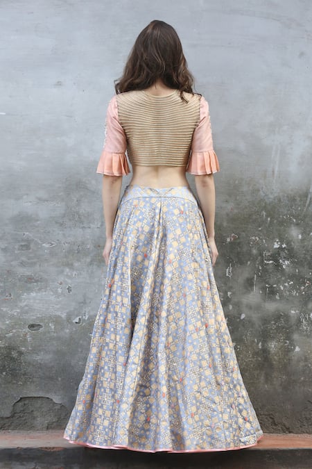 Shop_I Am Design_Grey Silk Round Printed And Embroidered Lehenga Set _at_Aza_Fashions