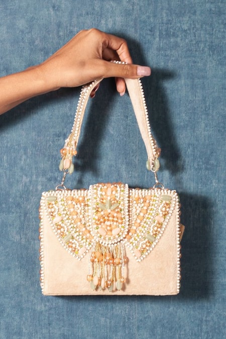 Shop Forever Noor Beige Embellished Handcrafted Talk Of The Town Bag at Aza Fashions Shop_Forever Noor_Beige Embellished Handcrafted Talk Of The Town Bag _at_Aza_Fashions