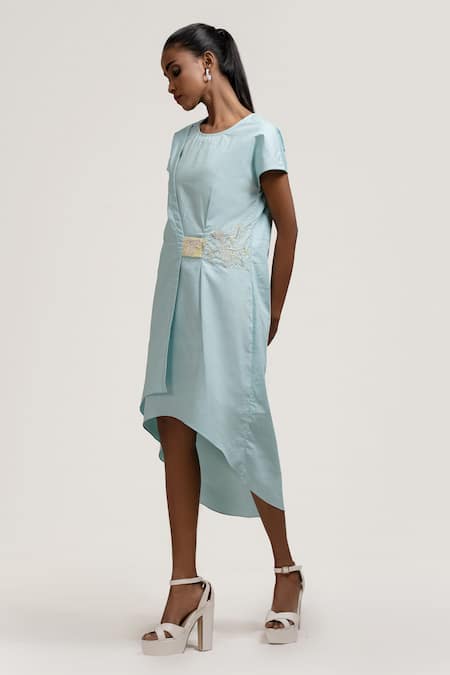 Shop Jyoti Sachdev Iyer Blue Cotton Round Asymmetric Embroidered Dress at Aza Fashions Shop_Jyoti Sachdev Iyer_Blue Cotton Round Asymmetric Embroidered Dress _at_Aza_Fashions