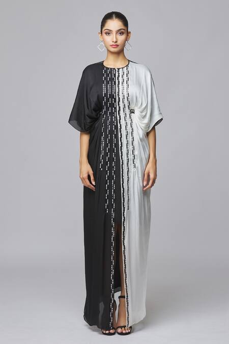 Amit Aggarwal_Black Chiffon Embroidery Round Neck Colorblock Dress_at_Aza_Fashions
