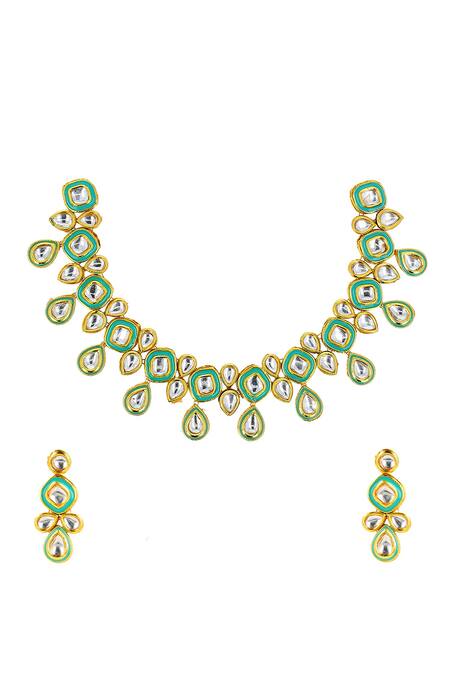 Ishhaara Blue Imitation Diamonds Embellished Kundan Choker Set Online at Aza Fashions Ishhaara_Blue Imitation Diamonds Embellished Kundan Choker Set _Online_at_Aza_Fashions