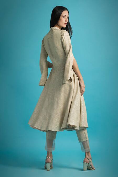 Shop_Saksham & Neharicka_Beige Cotton Lurex Band Collar Embroidered Kurta Set_at_Aza_Fashions