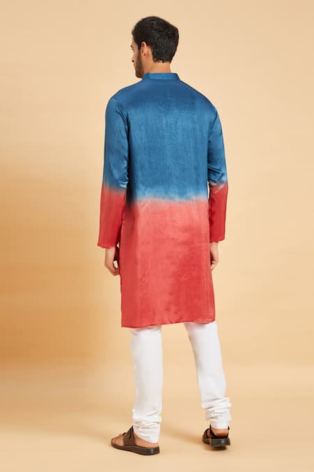 Shop_Hilo Design_Blue Falling Raw Silk Radical Marino Kurta _at_Aza_Fashions
