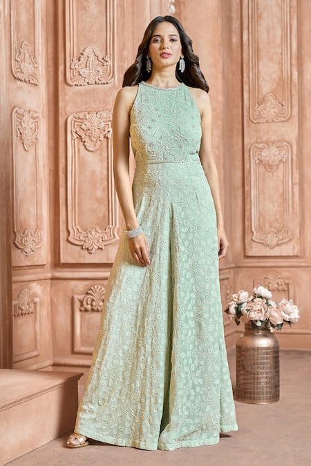 Buy_Ariyana By Aza_Green Viscose, Georgette Embroidery Round Neck Floral Jumpsuit _Online_at_Aza_Fashions