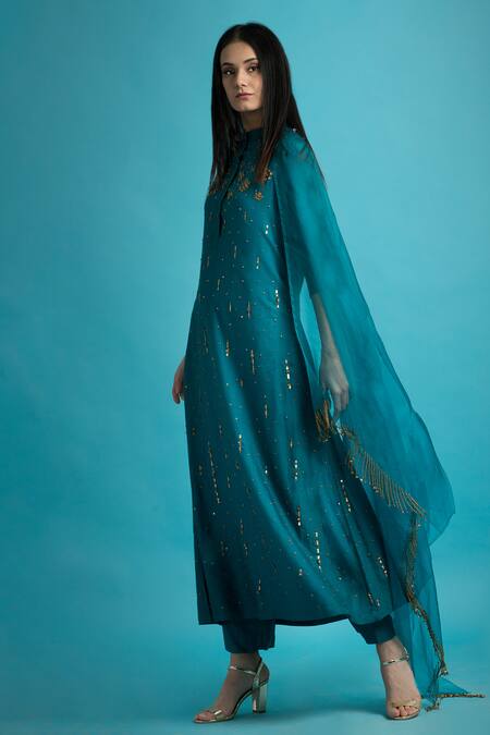 Buy Saksham & Neharicka Blue Silk, Moss Band Collar Embroidered Kurta Set at Aza Fashions Buy_Saksham & Neharicka_Blue Silk, Moss Band Collar Embroidered Kurta Set_at_Aza_Fashions