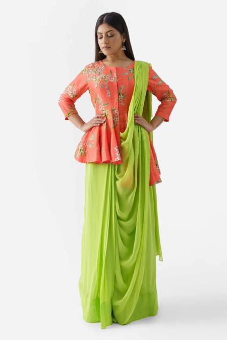 Buy Green Tussar Silk And Georgette Crepe Lining Pre-draped Pant Saree Set  For Women by Suruchi Parakh Online at Aza Fashions.