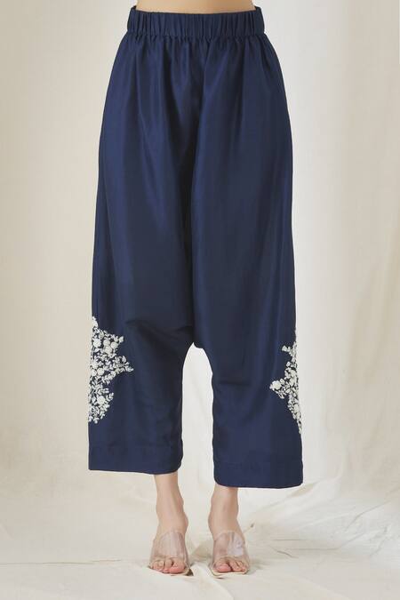 Anamika Khanna_Blue Chiffon, Cotton Tassels, Embroidery High Neck Shirt And Pant Set_at_Aza_Fashions