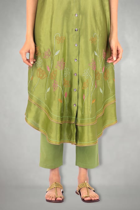 Shop_I Am Design_Blue Satin Linen Embroidered Kurta Set _Online_at_Aza_Fashions