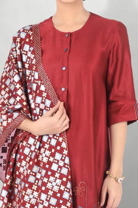 I Am Design Maroon Silk, Satin Linen Round Kurta Set at Aza Fashions I Am Design_Maroon Silk, Satin Linen Round Kurta Set _at_Aza_Fashions