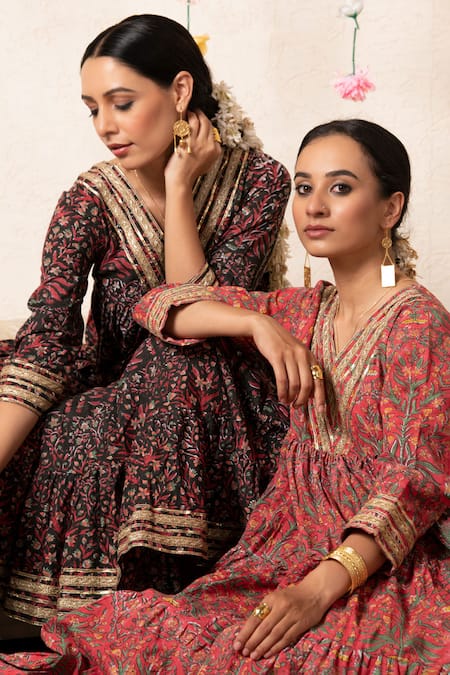 Buy_Marche_Peach Cotton V Neck Hand Block Print Anarkali Set 