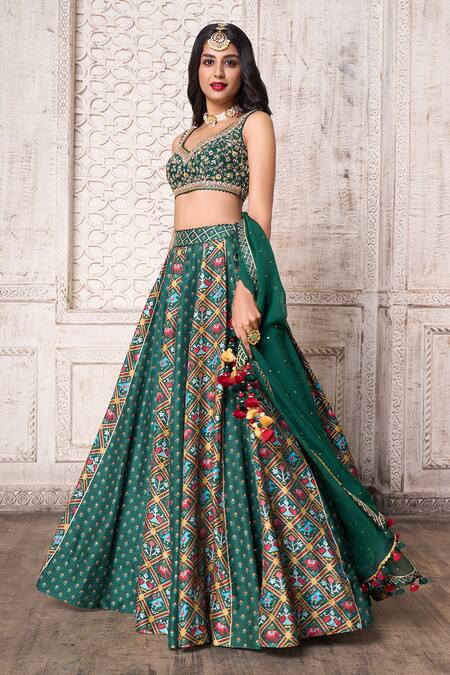 Buy Aariyana Couture Green Silk, Viscose, Tussar Embroidery, Patola Print Panelled Lehenga Set Buy_Aariyana Couture_Green Silk, Viscose, Tussar Embroidery, Patola Print Panelled Lehenga Set