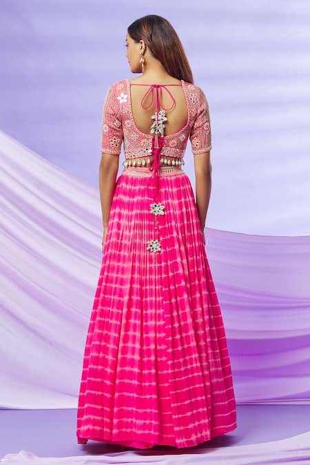 Shop Yoshita Couture Pink Dupatta- Organza, Lehenga And Blouse - Georgette With Shantoon Tie Dye Set at Aza Fashions Shop_Yoshita Couture_Pink Dupatta- Organza, Lehenga And Blouse - Georgette With Shantoon Tie Dye Set _at_Aza_Fashions