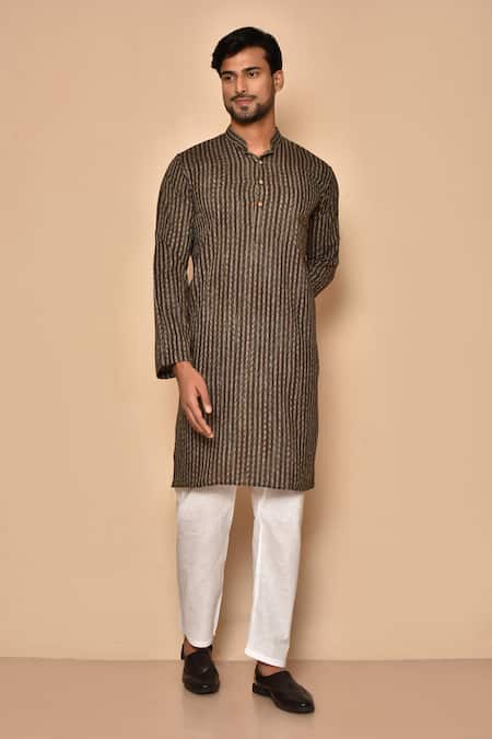 Aryavir Malhotra Brown South Cotton Woven Stipes Pinstriped Dori Kurta Set