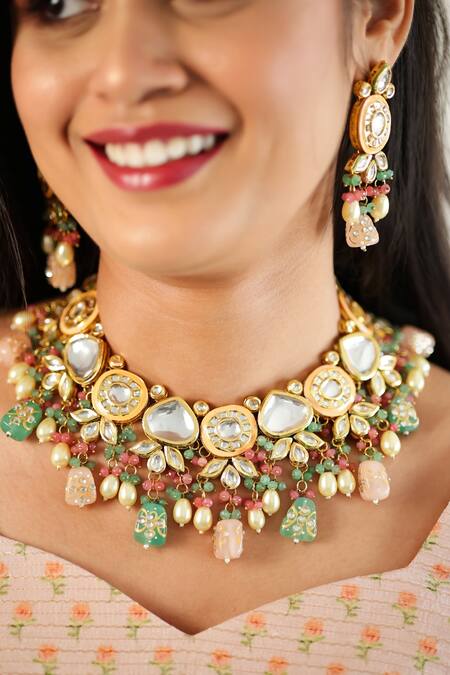 Shop Ishhaara Gold Plated Beads, Diamonds Emerald Drop Choker Set Online at Aza Fashions Shop_Ishhaara_Gold Plated Beads, Diamonds Emerald Drop Choker Set _Online_at_Aza_Fashions