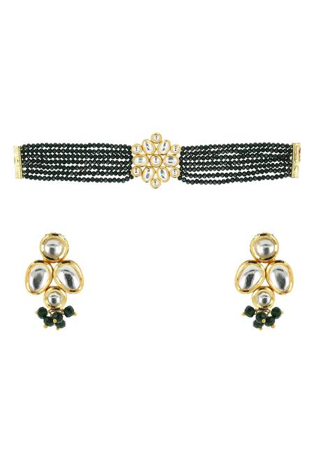 Ishhaara_Gold Plated Beads, Diamonds Kundan Embellished Floral Motif Choker Set _Online_at_Aza_Fashions