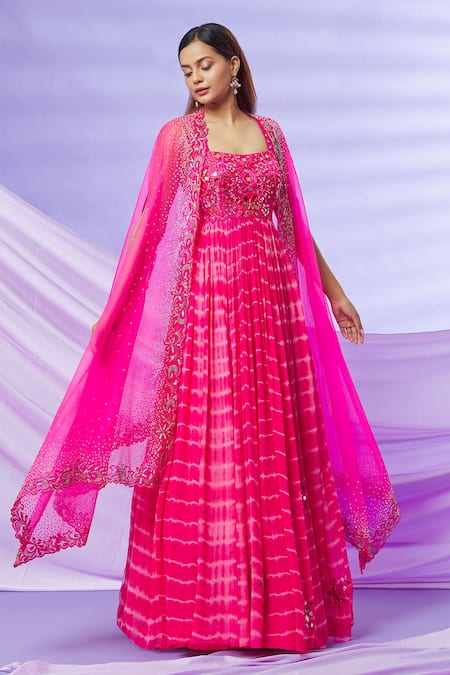 Shop_Yoshita Couture_Pink Anarkali - Georgette With Shantoon Lining, Cape- Organza Inaya Tie Dye _Online_at_Aza_Fashions