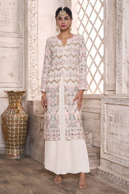 Shop Aariyana Couture Off White Viscose, Georgette Embroidery Front Slit Kurta And Flared Pant Set Online at Aza Fashions Shop_Aariyana Couture_Off White Viscose, Georgette Embroidery Front Slit Kurta And Flared Pant Set_Online_at_Aza_Fashions