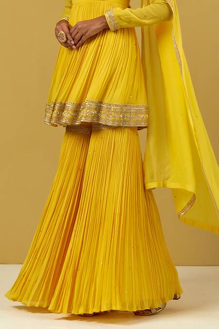 Shop_Ikshita Choudhary_Yellow Georgette Embroidery Hand Gharara_Online_at_Aza_Fashions