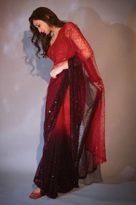 Rohit Gandhi + Rahul Khanna_Red Tulle Pre-draped Embroidered Saree _at_Aza_Fashions