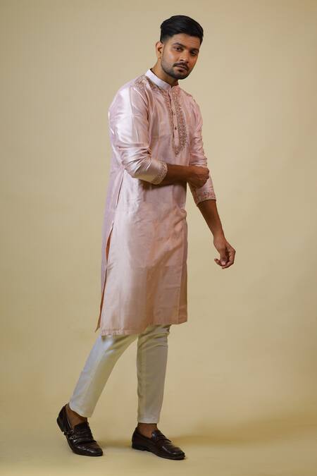 Buy_Hilo Design_Coral Cotton, Silk, Lycra Cut Work Mandarin Collar Kurta Set _Online_at_Aza_Fashions