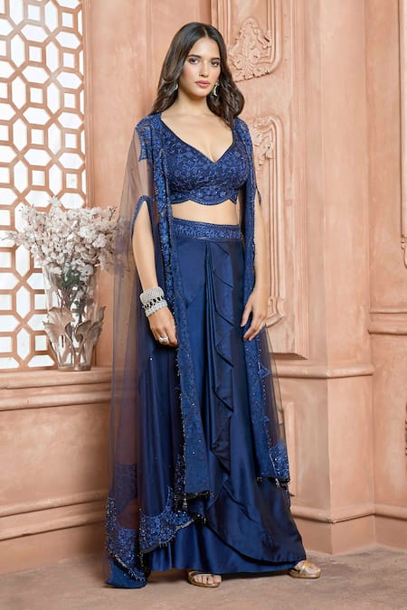 Buy_Aariyana Couture_Blue Silk, Georgette Embroidery, Tassels Plunge Sheer Cape And Draped Skirt Set
